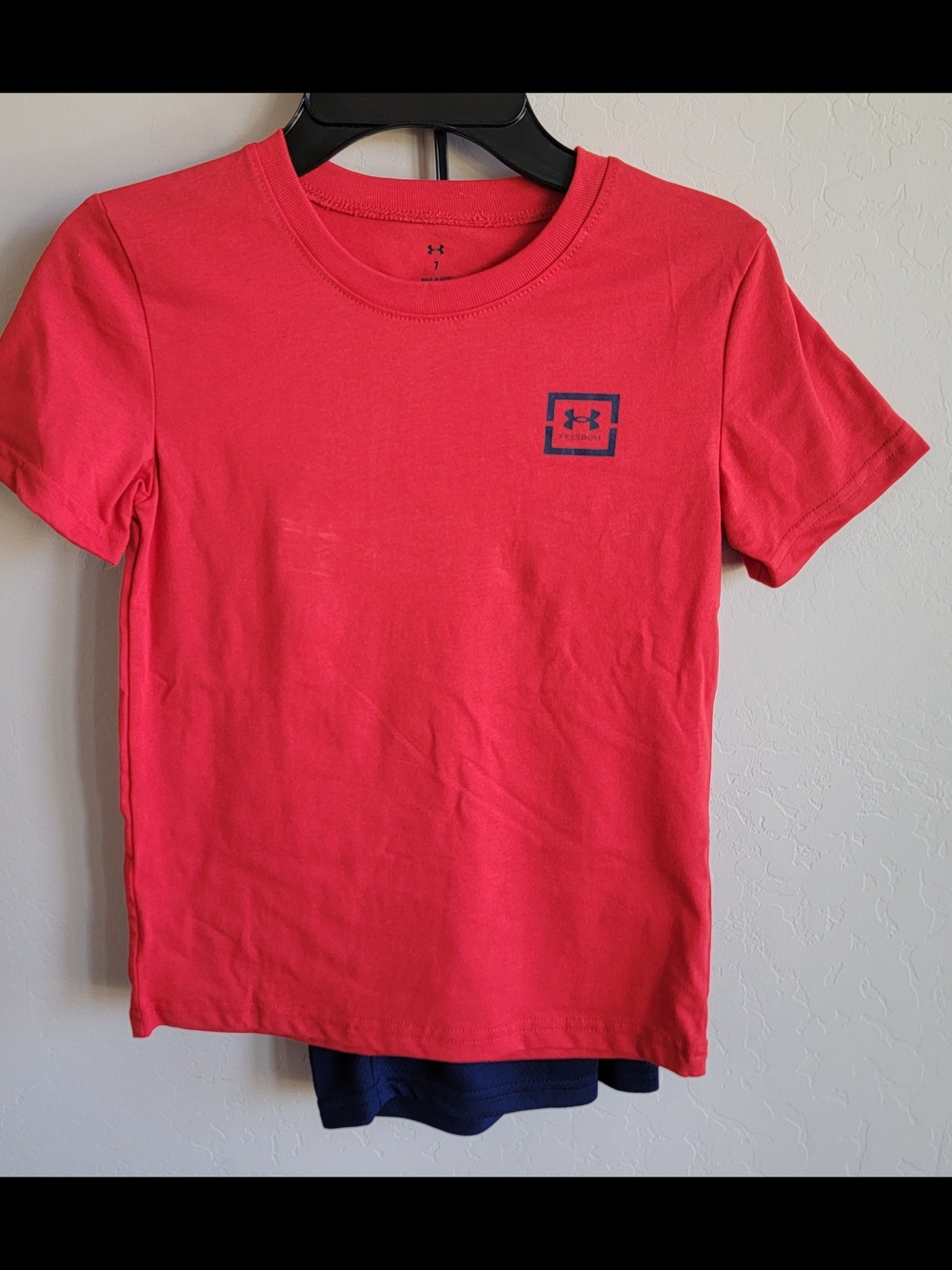 Under Armour Kids Red Short-Sleeve Logo Tee with Navy Accent and Shorts
